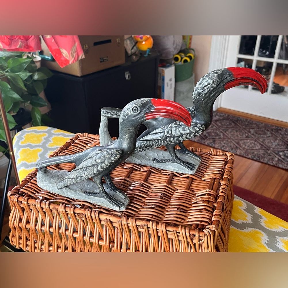 Decorative Pair of Hornbill Figurines with Gray & Red Beaks